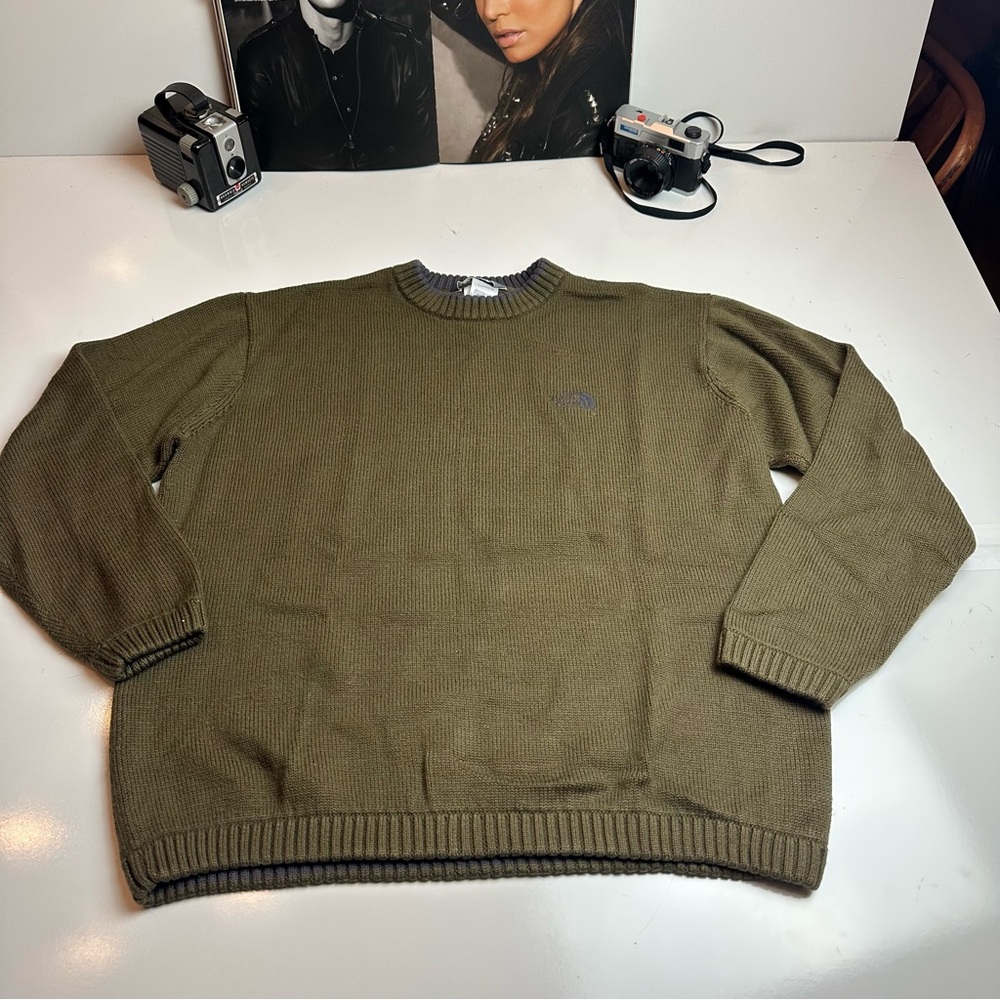 The North Face Mens XL Wool Blend Crewneck Sweater Olive Green Outdoor Gorpcore